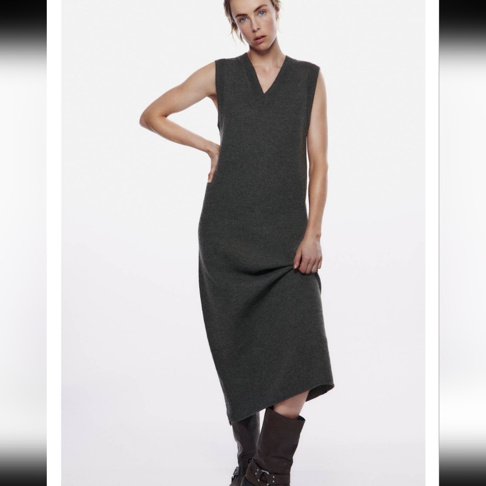 NWT Zara Charcoal Sleeveless 100% Wool Vest Midi Dress